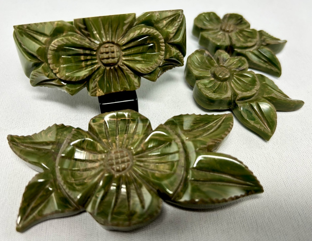 Matching marbled green flower carved bracelet, brooch & dress clips - 4 pc set